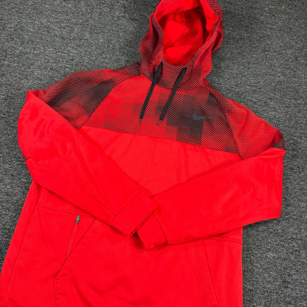 Nike Dri-Fit Hoodie Mens L Red Black Geometric Dot Pattern Pullover Sweatshirt